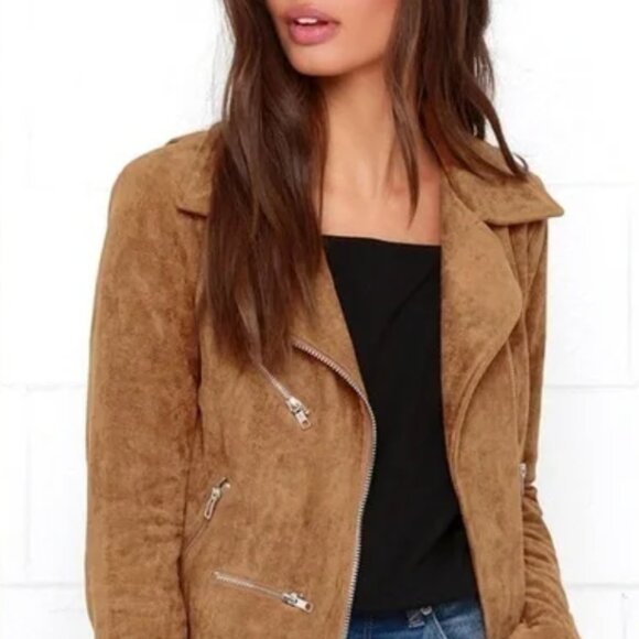 Lulus Womens Suede with Love Tan Suede Moto Jacket Coat Large - Picture 4 of 5